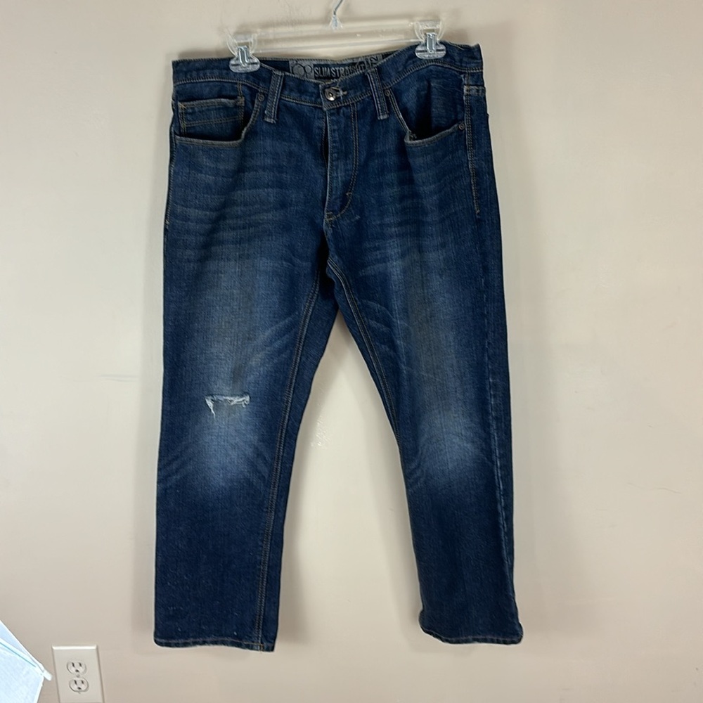 😃OP Slim Straight Jeans Size 36x30 Slightly distressed knee and hem